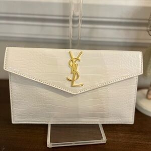 White Croc-Embossed Clutch with Gold Logo